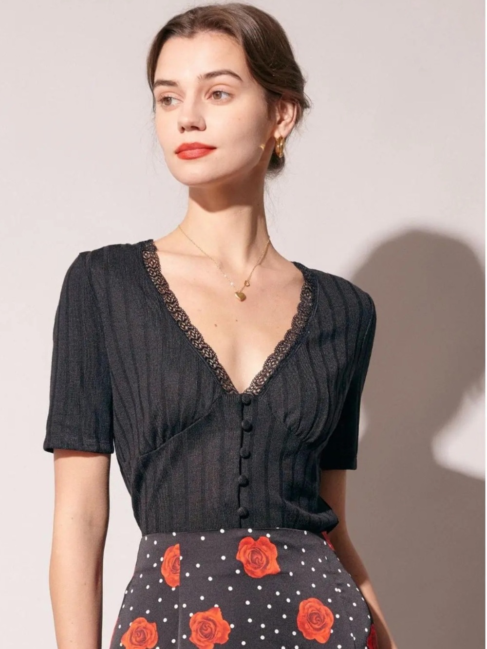 RIHOAS Lace-Trim Ribbed Short-Sleeve Button Front Knit Top Feminine Minimalist